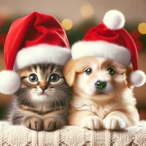 Cuddly Kitten and Puppy in Christmas Hats | Festive Holiday Scene