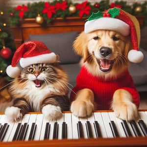Jubilant Norwegian Cat and Golden Retriever Celebrate at Piano
