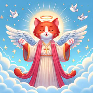Angelic Red Cat with Wings among Clouds