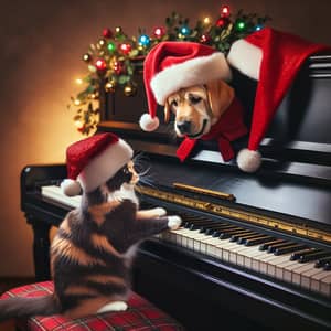Festive Cat and Dog Piano Duet | Christmas Hats | Multicolored Lights