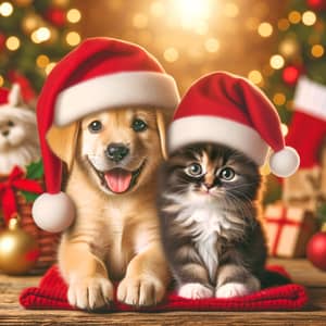Tender Kitten and Puppy with Christmas Hats - Festive Room Scene