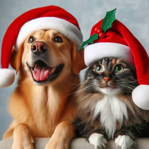 Happy Cat and Dog in Christmas Hats