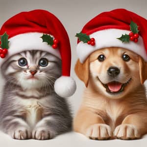Kitten and Puppy in Festive Christmas Hats | Cute and Joyful Image