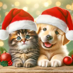 Tender Kitten and Puppy in Christmas Hats | Pet Holiday Cheer