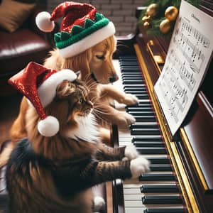 Norwegian Forest Cat and Golden Retriever Playing Piano Joyfully