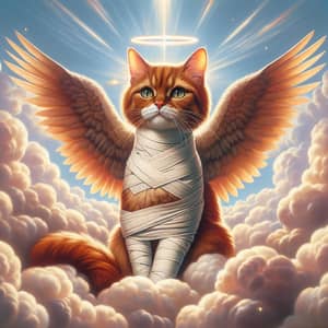 Realistic Red Cat with Angel Wings Painting Canonized in Clouds