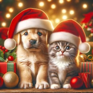 Expressive Kitten and Puppy in Christmas Hats | Warm and Playful Holiday Scene