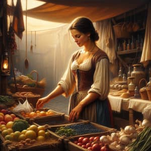 Italian Female Merchant in Traditional Market Setting - Detailed Oil Painting