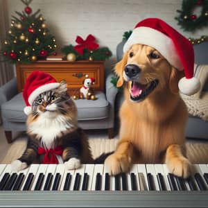 Norwegian Cat and Golden Retriever Playing Piano with Christmas Hats