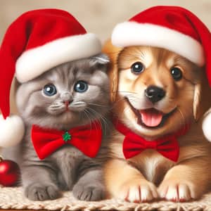 Adorable Kitten and Puppy in Christmas Hats | Heartwarming Image