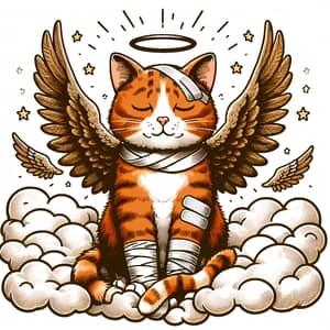 Angelic Red Cat with Wings and Bandages Among Clouds