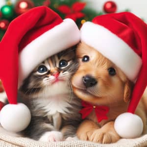 Tender Kitten and Puppy in Christmas Hats | Cute Holiday Pets