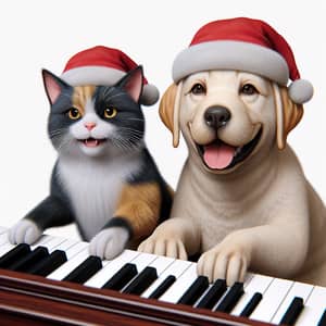 Happy Tri-Colored Cat and Labrador Dog Playing Christmas Piano