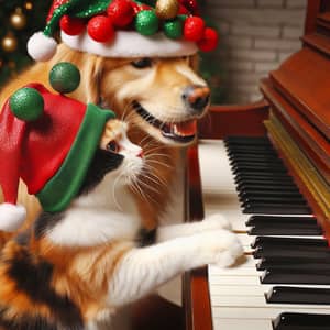 Festive Cat and Dog Playing Piano | Christmas Hats | Heartwarming Scene