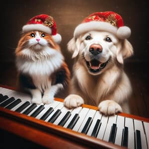 Norwegian Forest Cat and Golden Retriever Christmas Hat Piano Play
