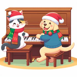 Christmas Cat and Dog Playing Piano | Cute Holiday Illustration