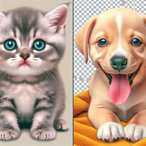 Tender Kitten and Puppy Smiling Together