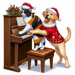 Joyous Cat and Dog Playing Piano with Christmas Hats