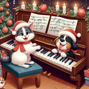 Happy Cat and Dog Playing Piano with Christmas Hats