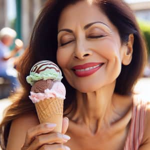Cheerful Woman Enjoying Triple Scoop Ice Cream in Sunny Park