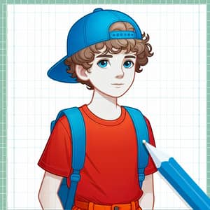 White Teenager with Curly Hair in Blue Cap, Red Shirt and Orange Pants