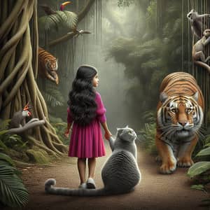 Realistic Jungle Encounter: Girl, Cat, and Tiger