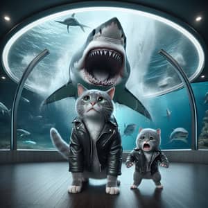 Realistic Grey Cat and Kitten in Aquarium Drama