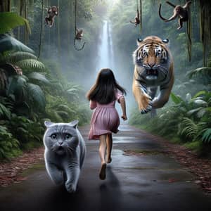 Scared Girl and Cat Fleeing from Tiger in Hyperrealistic Jungle Scene