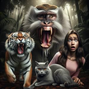 Aggressive Grey Monkey, Cat, and Girl Staring at Tiger in Realist Style
