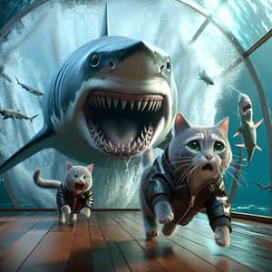 Hyper-Realistic Aquarium Scene: Shark and Grey Cats