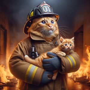 Realistic Ginger Cat Fireman Rescue Photo