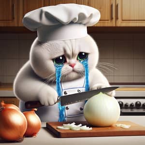 Cute White British Cat Chef Slicing Onion - Photorealistic Image