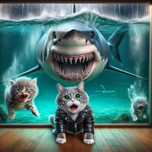 Realistic Shark Attack in Aquarium: Grey Cat and Kitten in Peril