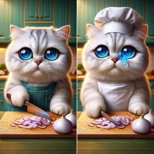 Adorable Cartoon-Like White British Cat Chopping Onions in Kitchen