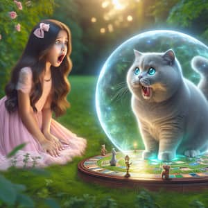 Surprising Encounter: Girl and British Cat in Magical Setting