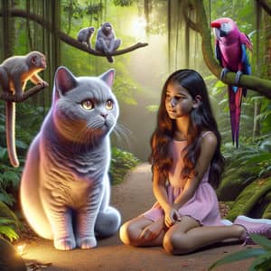 Realistic British Shorthair Cat with Girl in Pink Dress