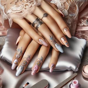 Beautifully Manicured Hands with Pastel Nails and Silver Rings