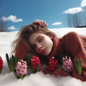 Young Female Lying on Snow Surrounded by Blooming Red Hyacinth Flowers