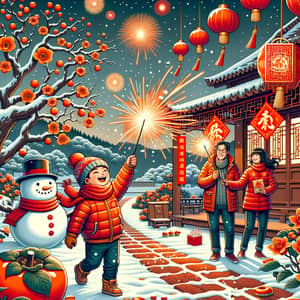 Chinese New Year Illustration with Snowman and Fireworks