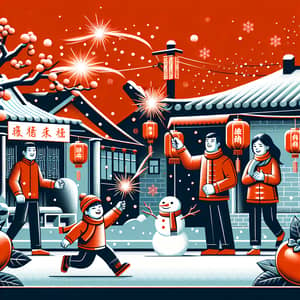 Chinese Family Setting Off Fireworks in Snowy Village