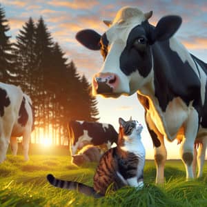 Peaceful Scene of Amicable Cow and Cat Friendship