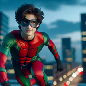 Heroic Agile Young Man in Red and Green Costume on City Rooftop