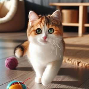 Adorable White and Orange Domestic Cat Playing with Yarn