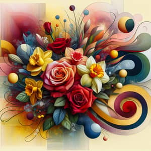 Vibrant Bouquet of Realistic Flowers in Abstract Composition