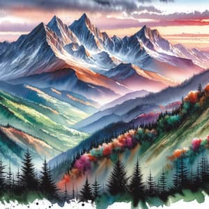 Majestic Snowy Mountain Landscape in Watercolor