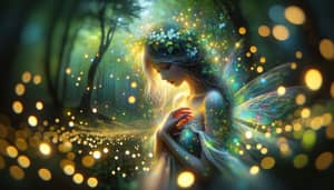 Ethereal Forest Nymph Surrounded by Glowing Fireflies