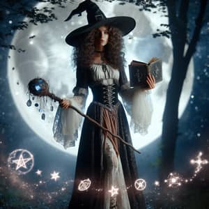 Curly-Haired Witch Casting Spell in Dark Forest