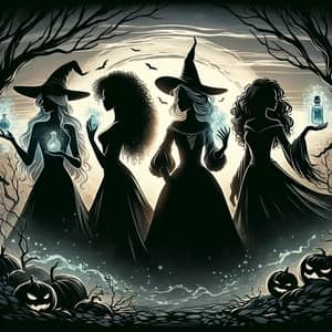 Enchanting Scene of Four Witches with Magic Water Bottles