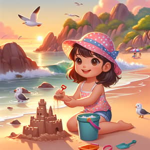 Young South Asian Girl Building Sandcastle at Beach