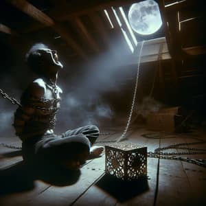 Nighttime 3D UHD Photo-Realistic Rendering of Brass Puzzle Box and Chained Man in Moonlit Attic